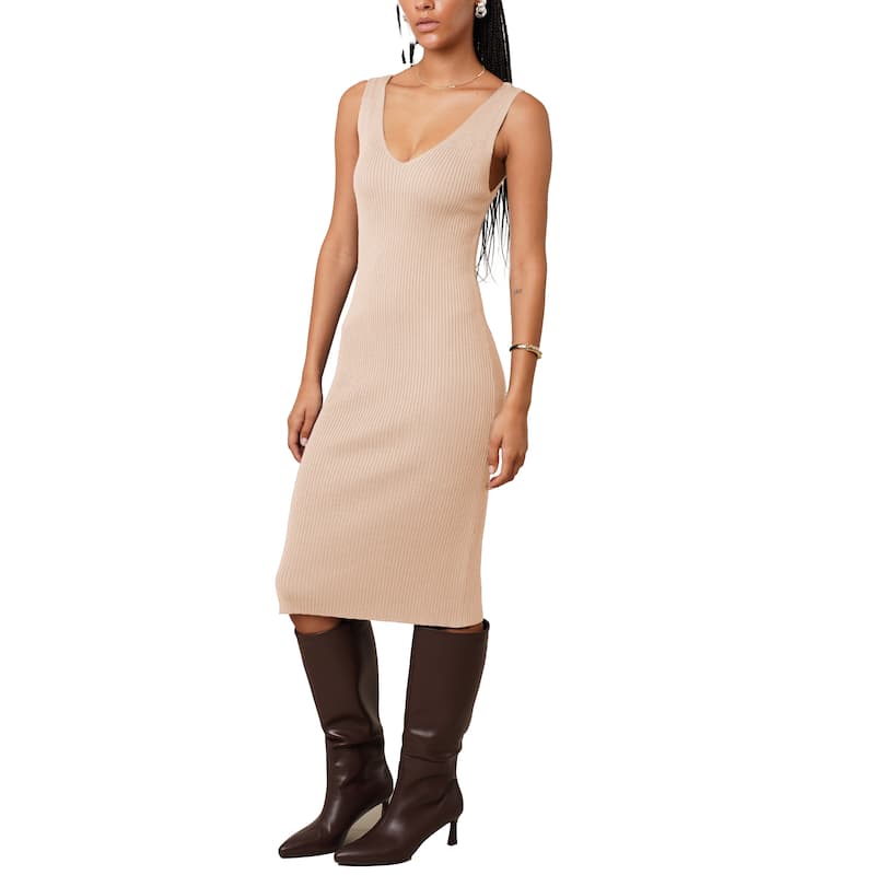 Cyrus 2-Piece V-Neck Sweater Dress with Cardigan - Oatmeal Cookie - S