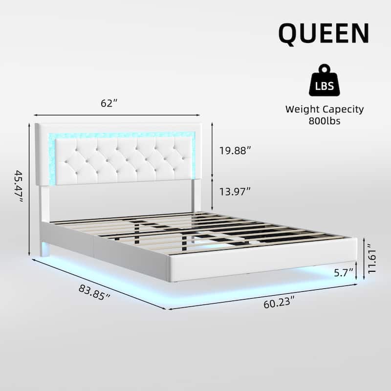 Upholstered Platform Bed PU Leather Floating Bed Frame with LED Lights&Diamond Tufted Headboard/No Box Spring Needed/Noise Free