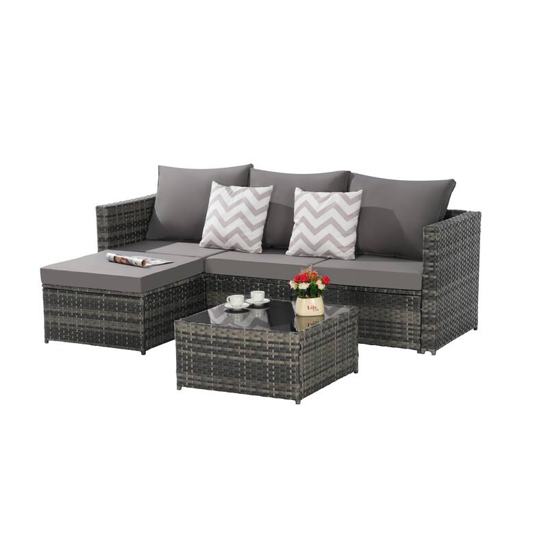 2-Pieces Outdoor Patio L-Shaped Sectional Sofa Set with Glass Coffee Table
