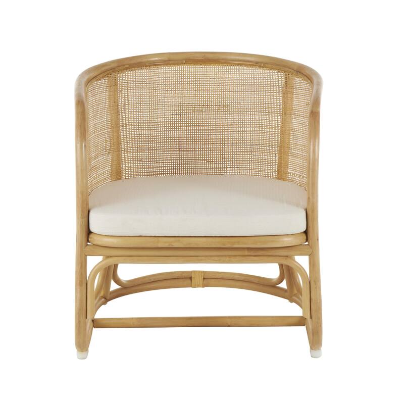 Light Brown Rattan Woven Rounded Living Room Accent Chair with White Fabric Cushion