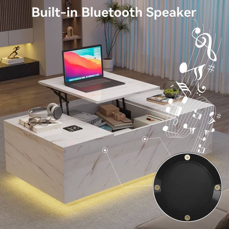 47.2" LED Lift Top Coffee Table with Wireless Charging & Bluetooth Speaker, Smart Storage Drawer, RGB Lights
