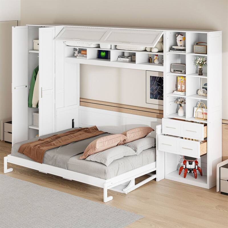 Queen Size Murphy Bed Wall Bed with Closet , Drawers and Shelves - White