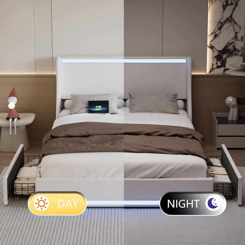 VECELO Modern LED Upholstered Platform Bed Frame with 2 Storage Drawers, USB & Type-C Ports, Full/Queen Size Bed