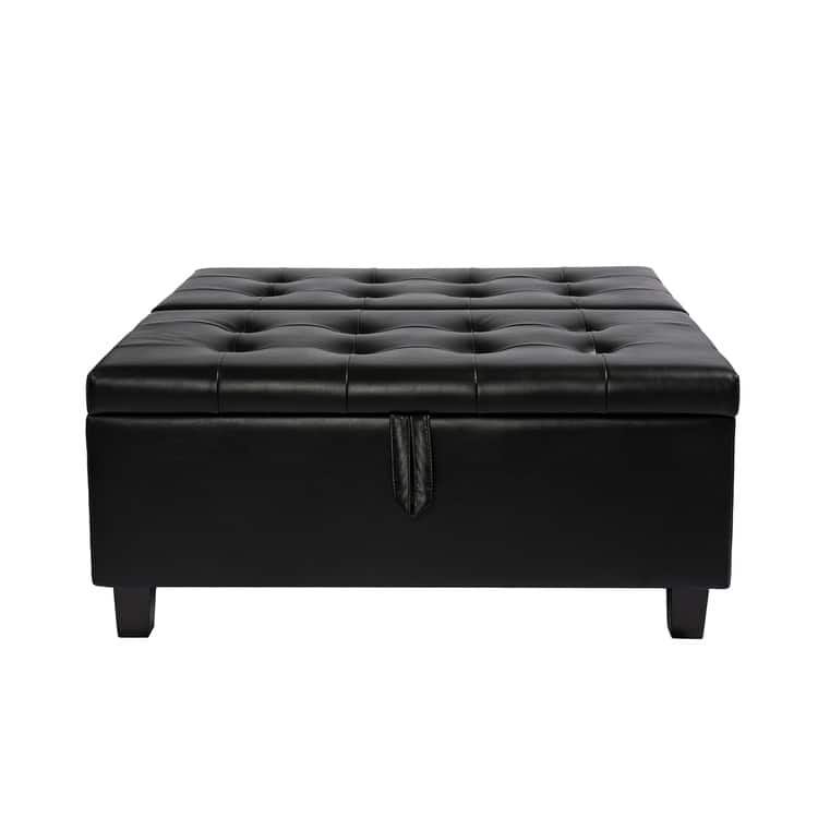 35-Inch Air Leather Tufted Upholstered Lift-Top Ottoman Bench, Large Square Storage Coffee Table for Living Room