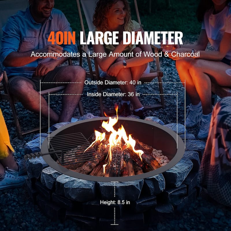 Black Carbon Steel Fire Pit Ring with BBQ Fire Ring, Swivel Grate - 34.84 x 34.84 x 13.15 in