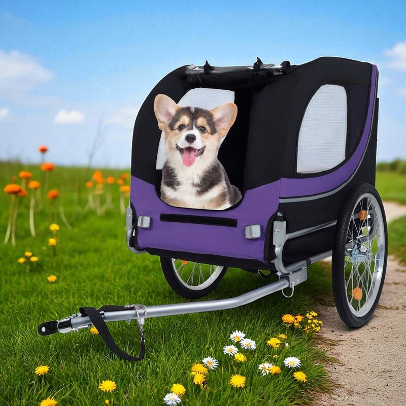 Folding Dog Bike Trailer 66LB Capacity - All-Terrain Pet Carrier with Steel Frame, Rain Cover & Mesh Windows - Purple Black
