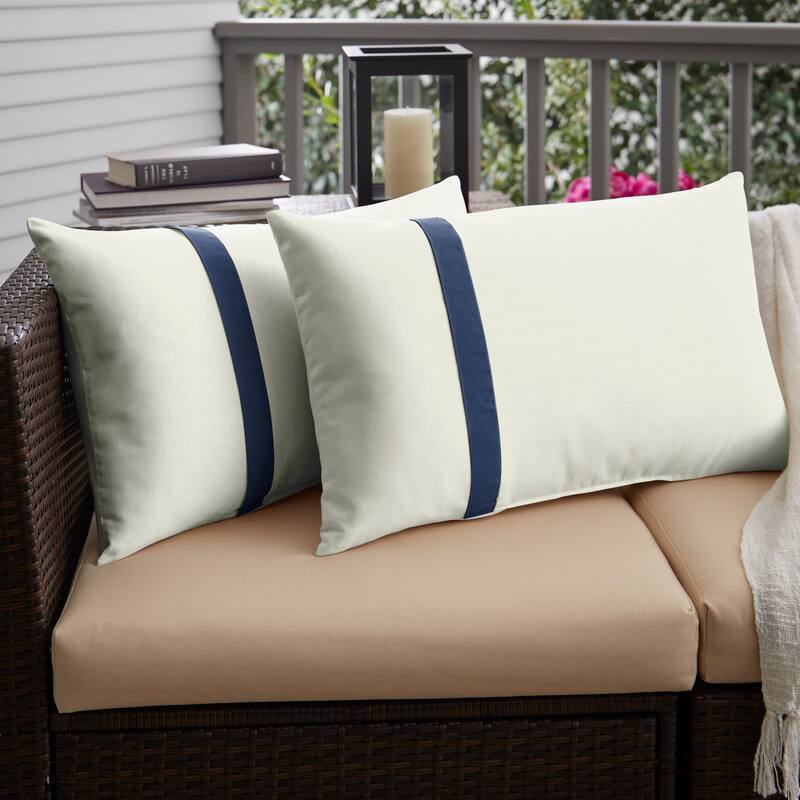 Sorra Home Sunbrella Outdoor Single Large Flange Pillow Set of 2 - Sunbrella - Canvas Natural/Canvas Navy - 16 in H x 26 in W x 6 in D