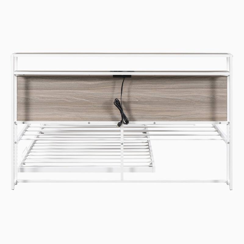 Queen Size Metal Platform Bed with Trundle, USB Ports and Slat Support
