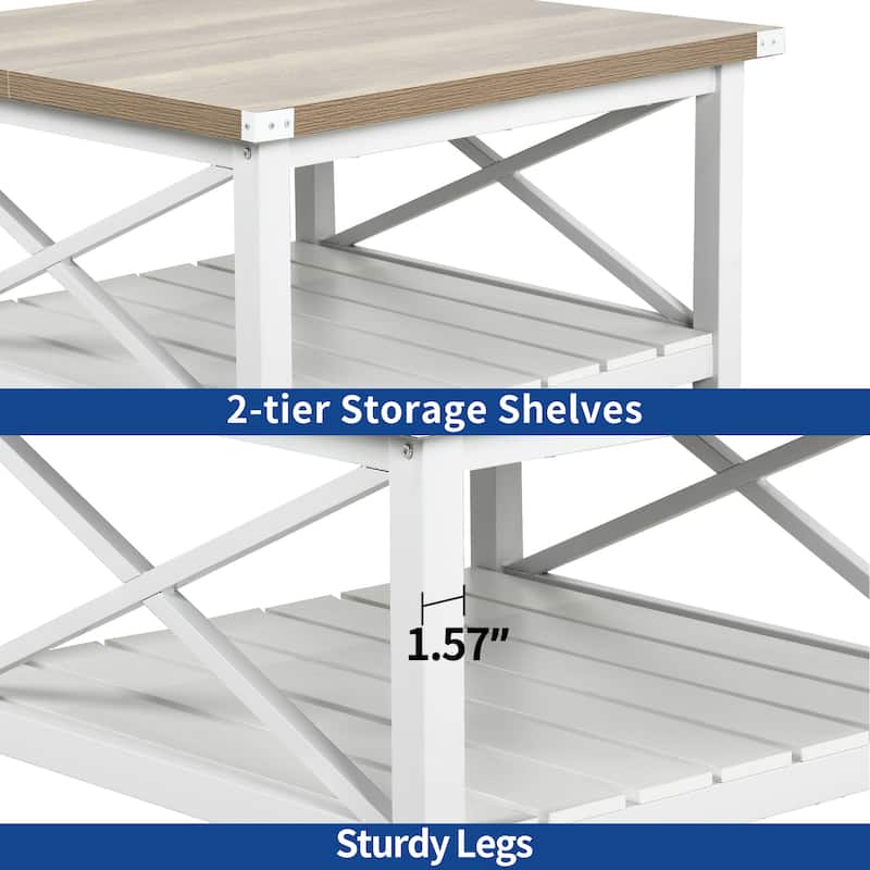 Moasis 31" Square Farmhouse Coffee Table with Shelf, 2-Tier Center Table with Storage