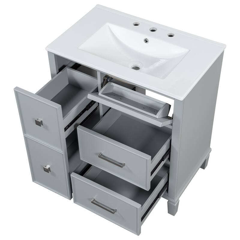 30" Bathroom Vanity with Ceramic Sink, Flip-Out Drawer, Soft Close Doors & Drawers Cabinet with Solid Wood Legs
