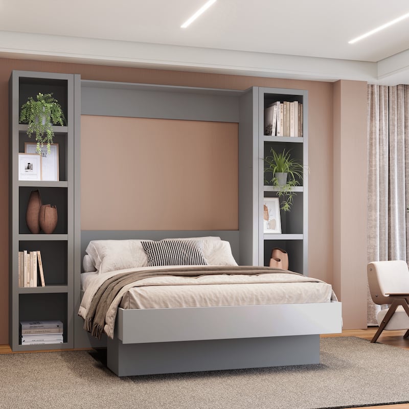 Easy-Lift Full Murphy Wall Bed with Two Bookshelves - Gray