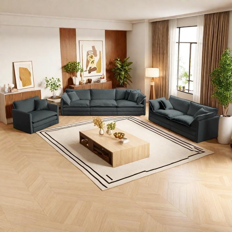 6-Seat Chenille Sectional Sofa Set (3-Seater + 2-Seater + Chair) with Extra Deep Seats & Solid Wood Frame