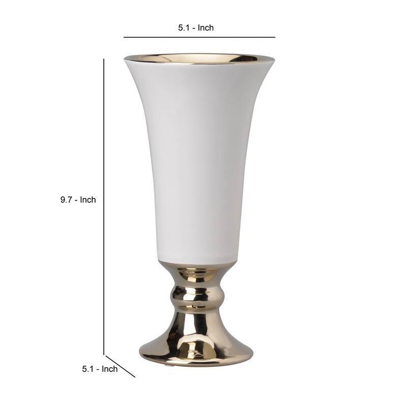 Ceramic Vase with Flared Top and Pedestal Base, Large, White and Gold