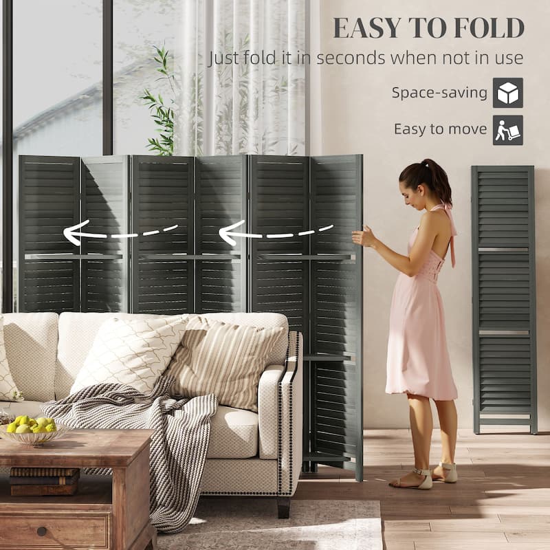 HOMCOM Room Divider, 6 Panel 67" Tall Wood Privacy Screen with 3 Display Shelves, and Folding Storage for Bedroom, Gray