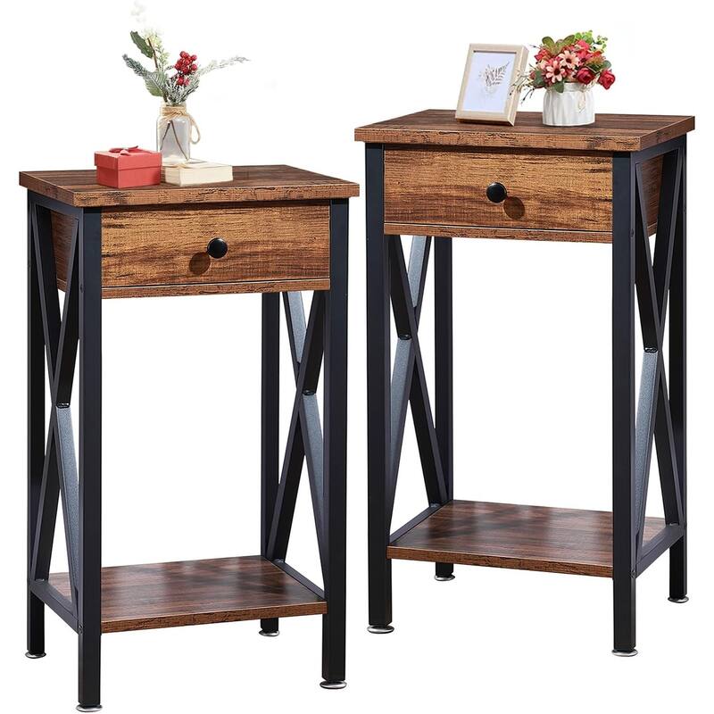 VECELO 28 Inch Modern End Table Space and Drawer Night Stand X-Design Nightstands for Living Room - Set of 2 (Brown)
