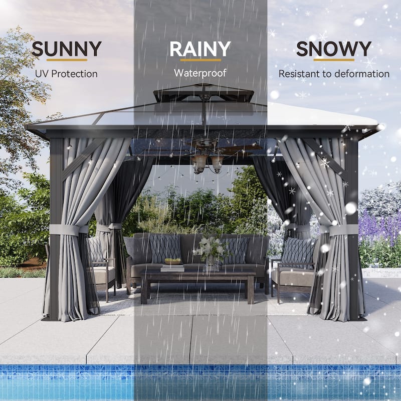 Hardtop Gazebo, Aluminum Frame Permanent Pavilion with Curtains and Netting