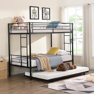 Black Twin over Twin Size Metal Bunk Bed with Trundle