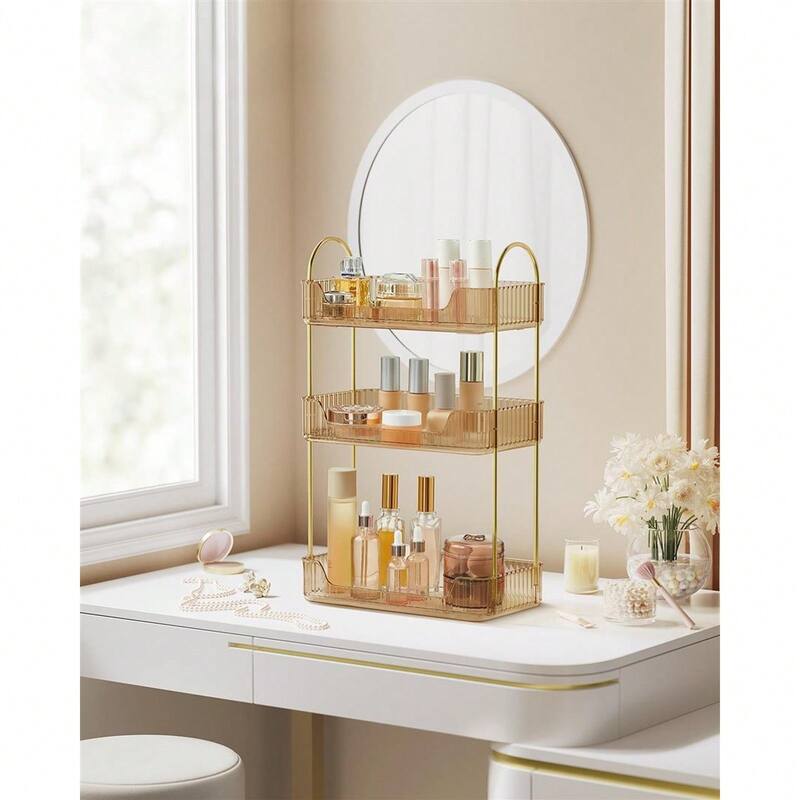 3-Tier Vertical Makeup Storage Organizer with Plated Metal Frame and Handle - 6.6”D x 12”W x 18.9”H