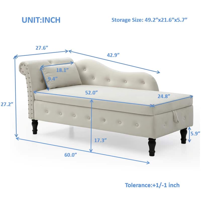 Modern 60" Velvet Upholstered Buttons Tufted Chaise Lounge Chair with Solid Wood Legs and Storage