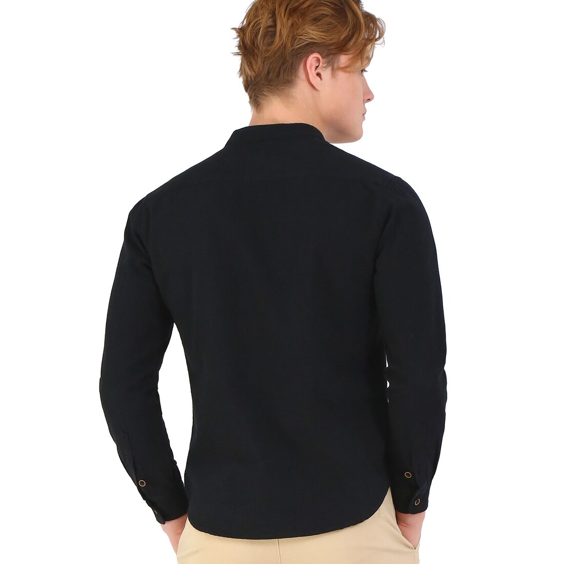 Shop Men Hipster Banded Collar Shirt Slim Fit Cotton Long Sleeve
