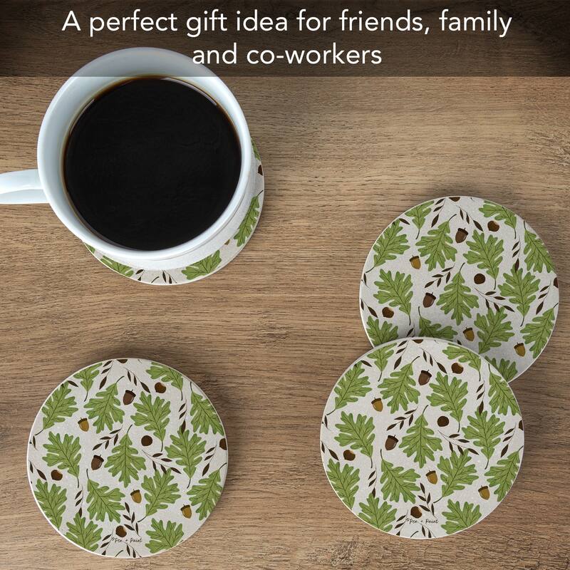 Oak Leaves 4 Pack Round Natural Sandstone Coasters with Protective Cork Backing Manufactured in The USA