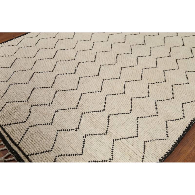 All-Over Geometric Ivory Moroccan Area Rug Handmade Wool Carpet - 6'2"x 9'3"