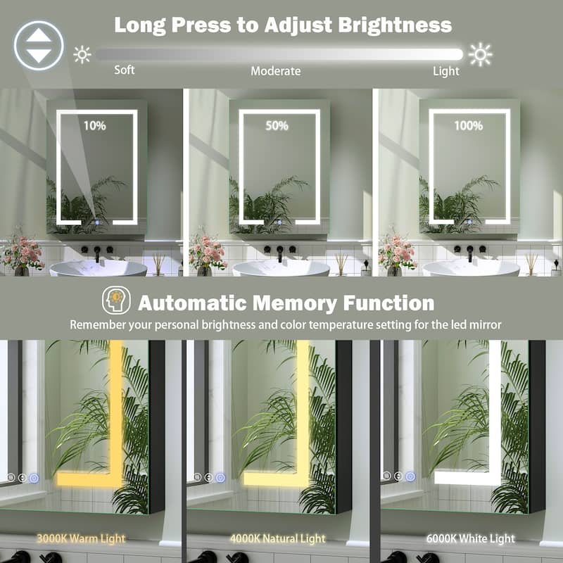 Rectangular Aluminum Recessed/Surface Mount Frameless Anti-Fog Medicine Cabinet with Dimmable LED Lights