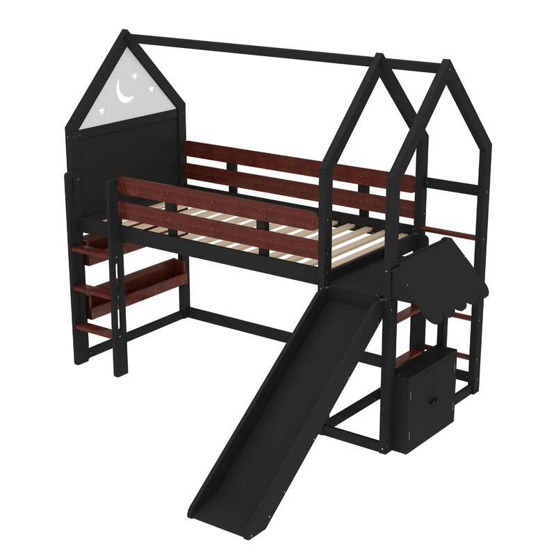 Twin Size Loft Bed with Bookshelf Playful Design for Kids House-Shaped Structure with Slide High-Quality Safety Rails