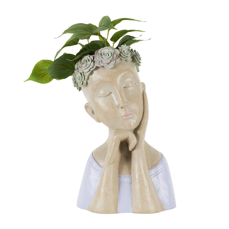 Resin Woman Bust Indoor Outdoor Planter with Succulent or Flower Crown and Orange or Blue Top - Beige - Roche River Decor
