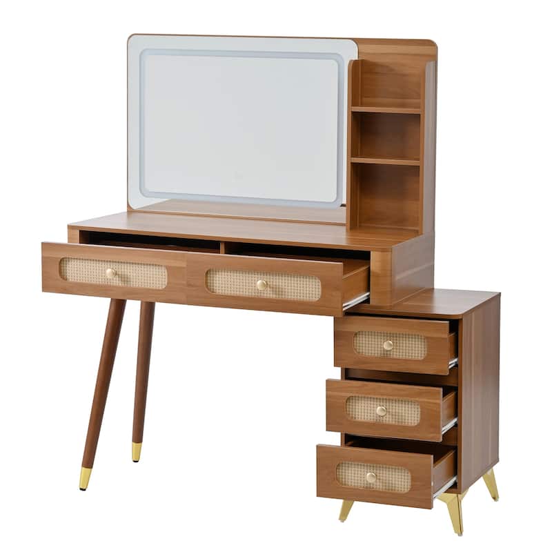 Retro Rattan Makeup Vanity Desk with 5 Drawers and Storage Shelf, Dressing Table with Rectangular Mirror and Touch Light