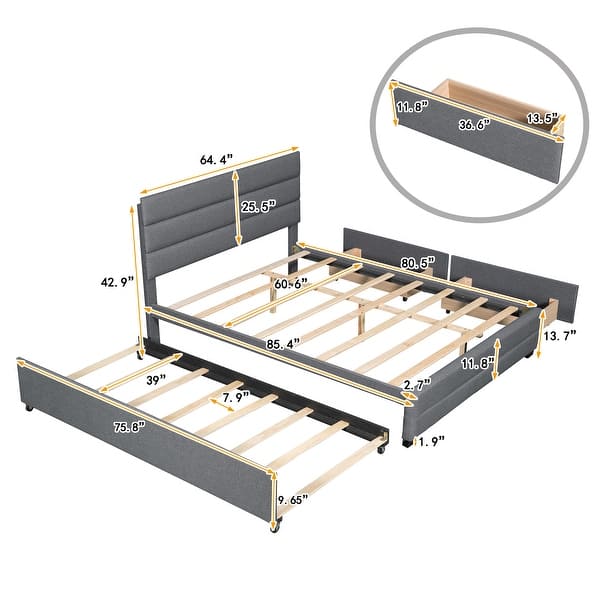 Queen Size Upholstered Platform Bed with Twin Size Trundle Storage Bed Frame and 2 Drawers for Kids Teens Adults