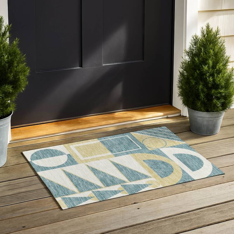 Machine Washable Indoor/ Outdoor Modern Crowley Chantille Rug - Teal - 1'8" x 2'6"
