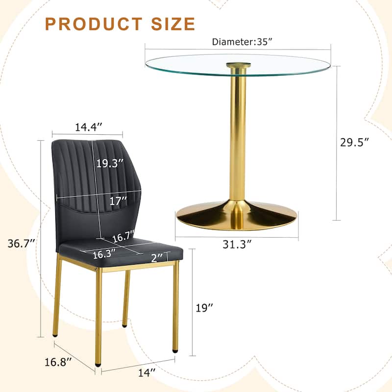 5-Piece Round Dining Table Set, 35 Inch Tempered Glass Table & 4 High-Resilience PU Chairs