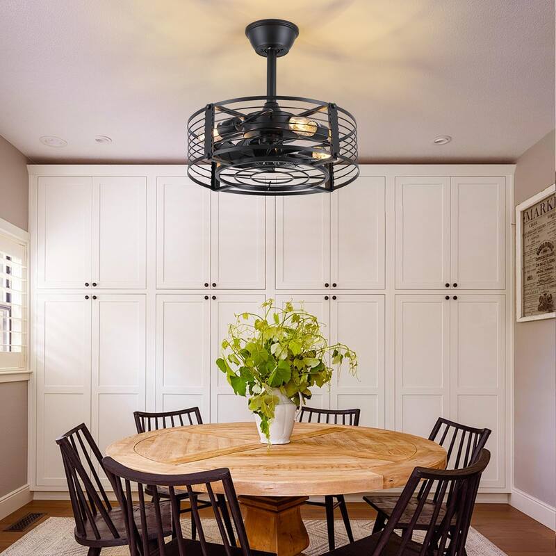 KAYLA 18'' Ceiling Fans with 7 Blades, Black Caged Ceiling Fan with Lights, E16 x 4 - N/A