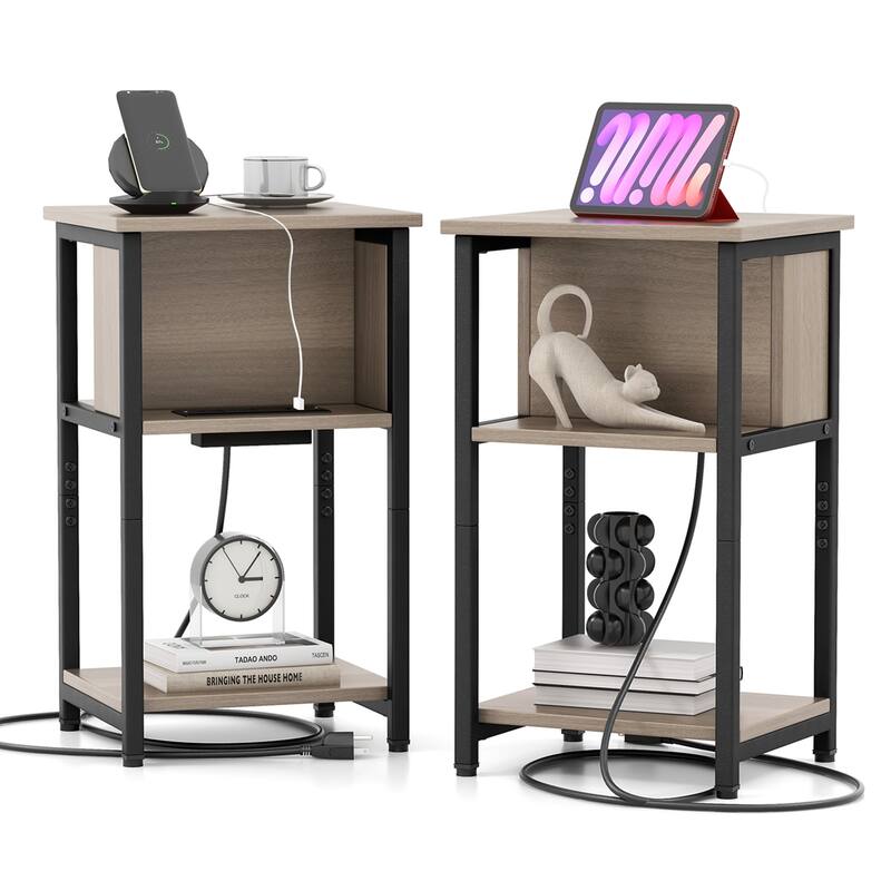 Costway 1/2 PCS Nightstand 3-Tier End Table with Charging Station USB - 2 pcs