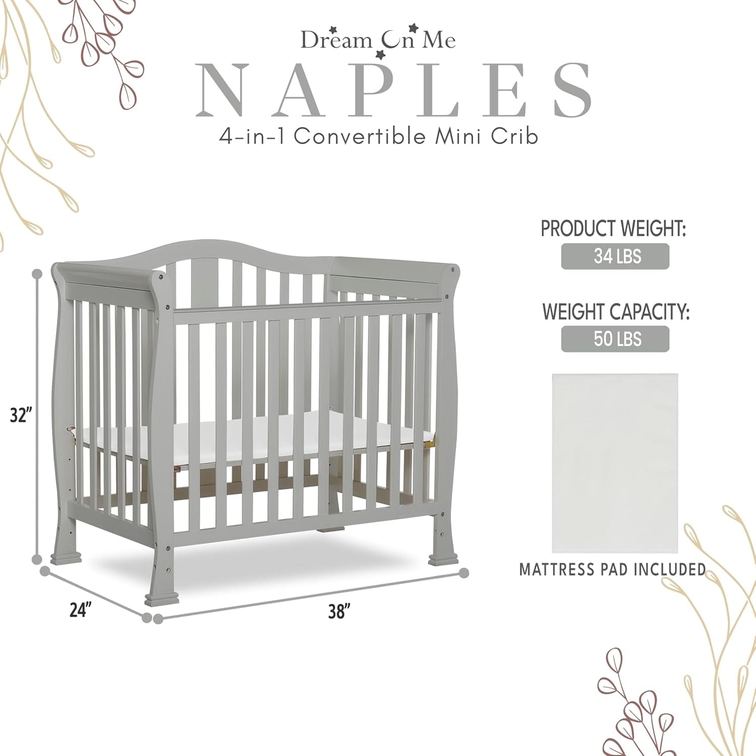 Dream On Me Addison 4-in-1 Convertible Mini Crib, Cool Grey