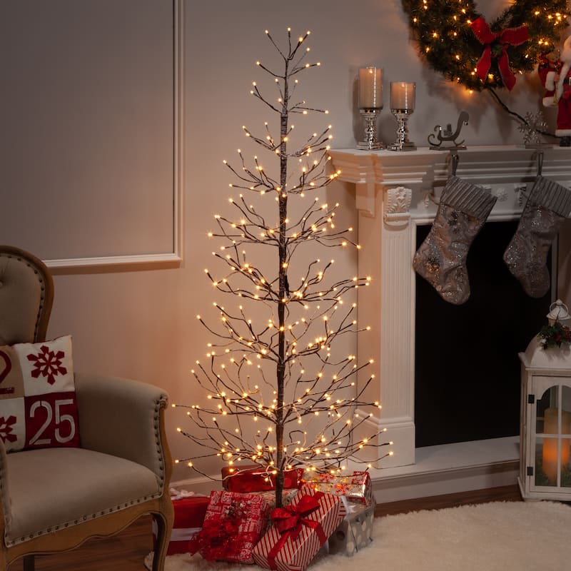 6 ft Tall Snowy Brown Pre Lit Tree with 296 Warm White LED Lights - N/A