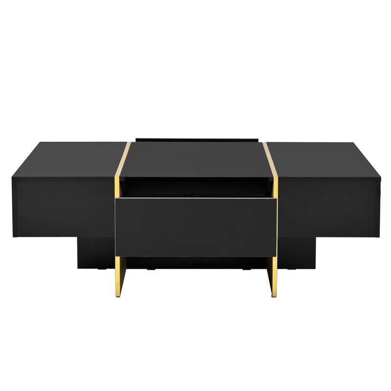 Roomfitters Modern High Gloss Coffee Table with Golden Wood Grain Legs, Rectangle Center Table with Storage