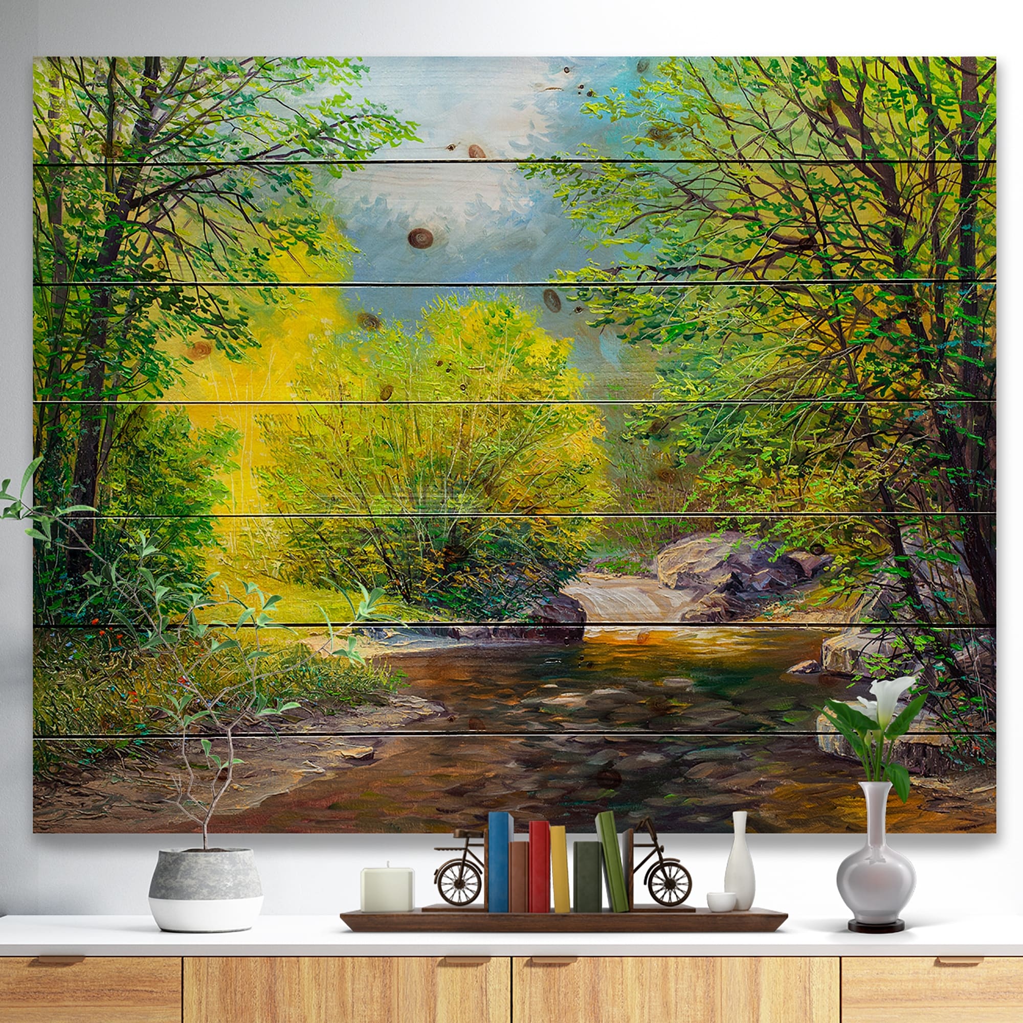 Designart 'Summer Forest in Beautiful River' Landscapes Print on Natural  Pine Wood Green Bed Bath  Beyond 23550446