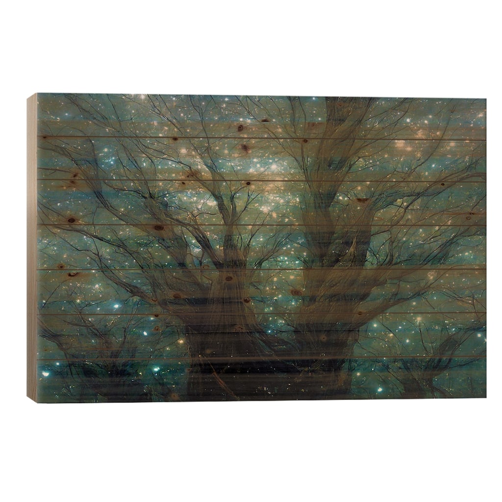 Bare Tree And Fireflies Print On Wood by Mike Kiev - Multi-Color