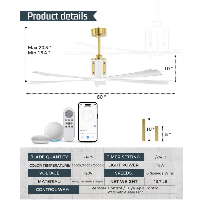 60 Inch 18W DC LED Ceiling Fan with Lights, 5-Blades, Remote Control and App and Alexa Google Voice Control