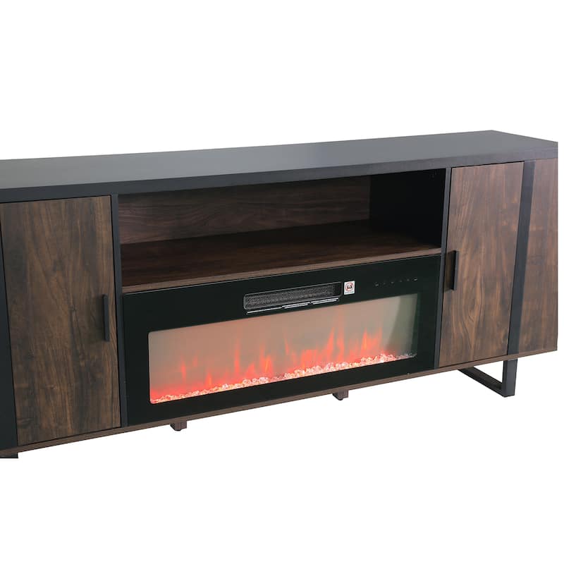 72" Farmhouse Walnut Wood Electric Fireplace TV Stand with Storage Open Compartment