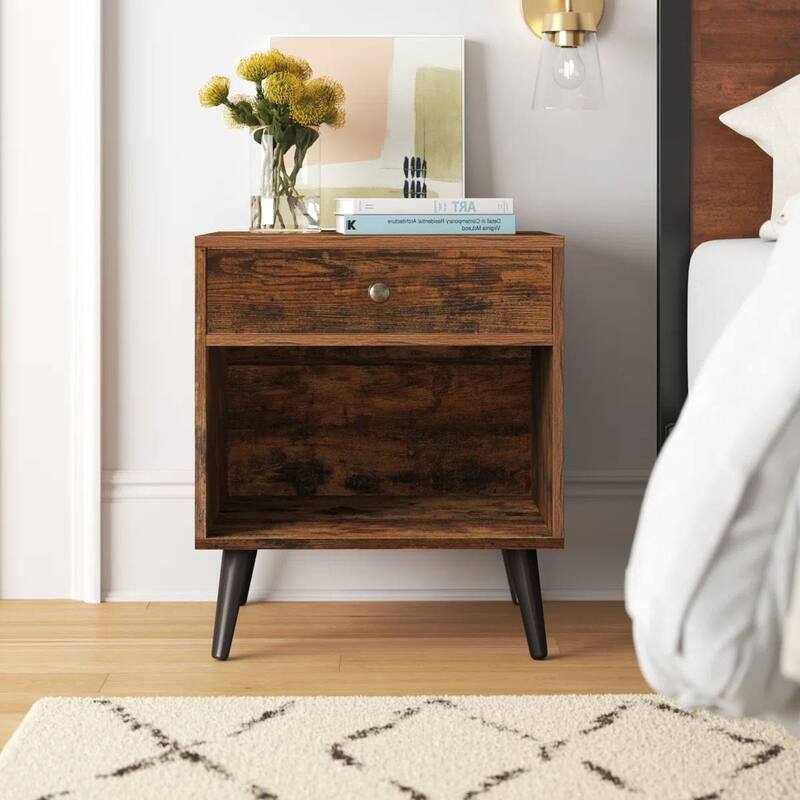 Solid Wood Nightstand with Drawer and Open Shelf