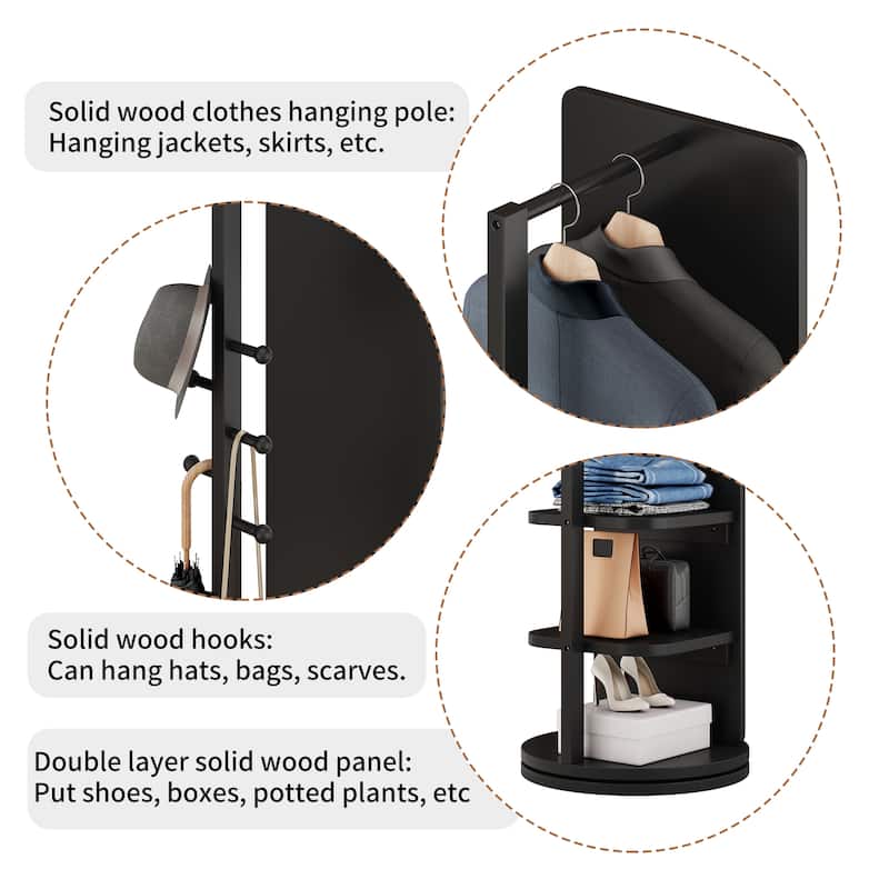 360° Rotating 66"x14" Multifunctional Full Length Mirror with Hook Storage Rack Coat Rack with Mirror Solid Wood Floor Mirror
