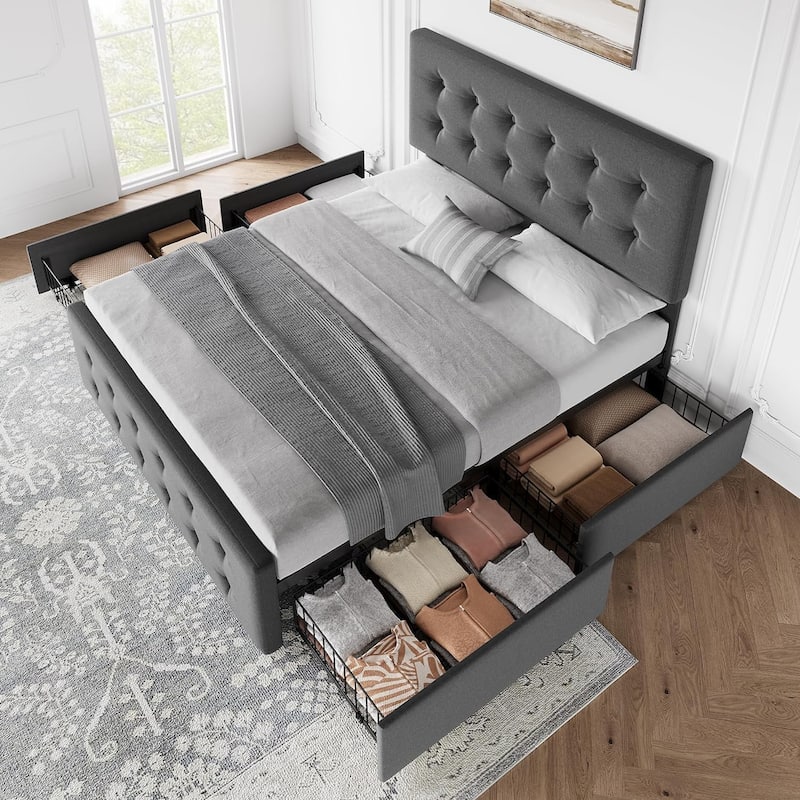 Bed Frame with Adjustable Headboard and 4 Storage Drawers