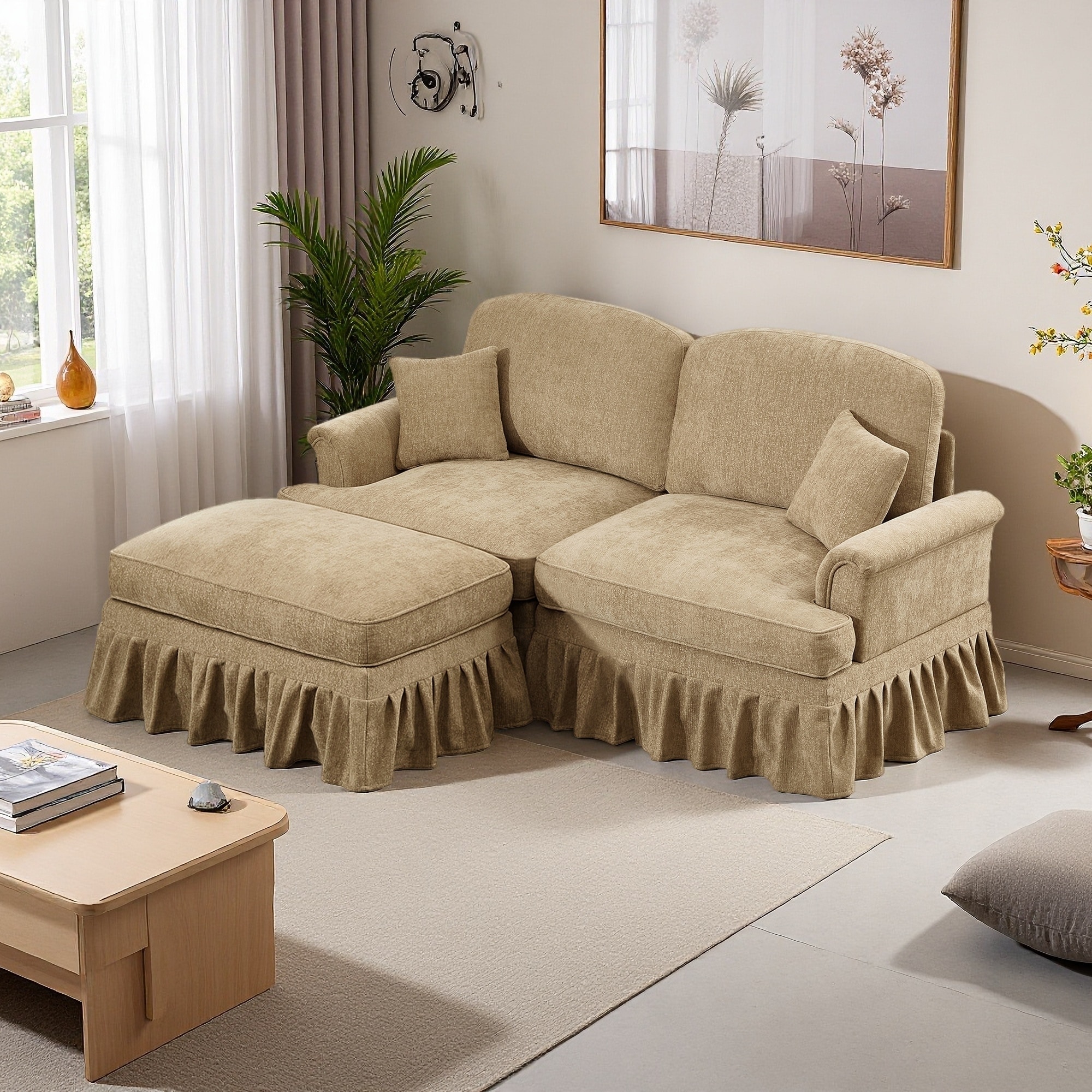 76.4" Chenille Mid-Century Modular L-Shaped Sofa with Flared Arms, Removable Skirt and Movable Ottoman (2-Seater)