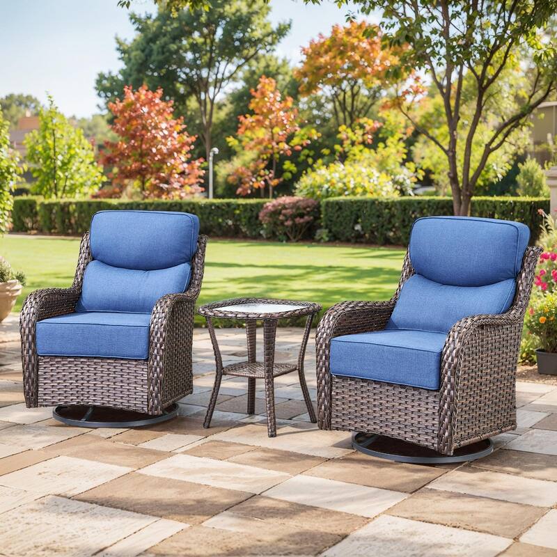 Outdoor Swivel Wicker Patio Chairs Set with Side Table - Swivel Chair with Side Table - Brown Rattan - Blue Cushion