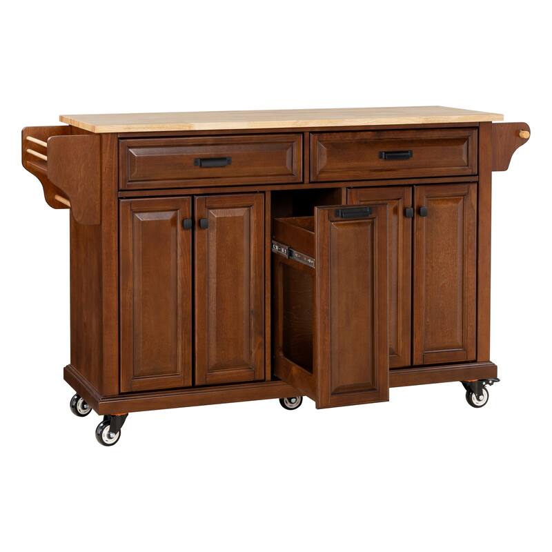 Kitchen Island with Rubber wood Countertop, Kitchen Cart on 5 Wheels with Storage Cabinet and 2 Top Drawers