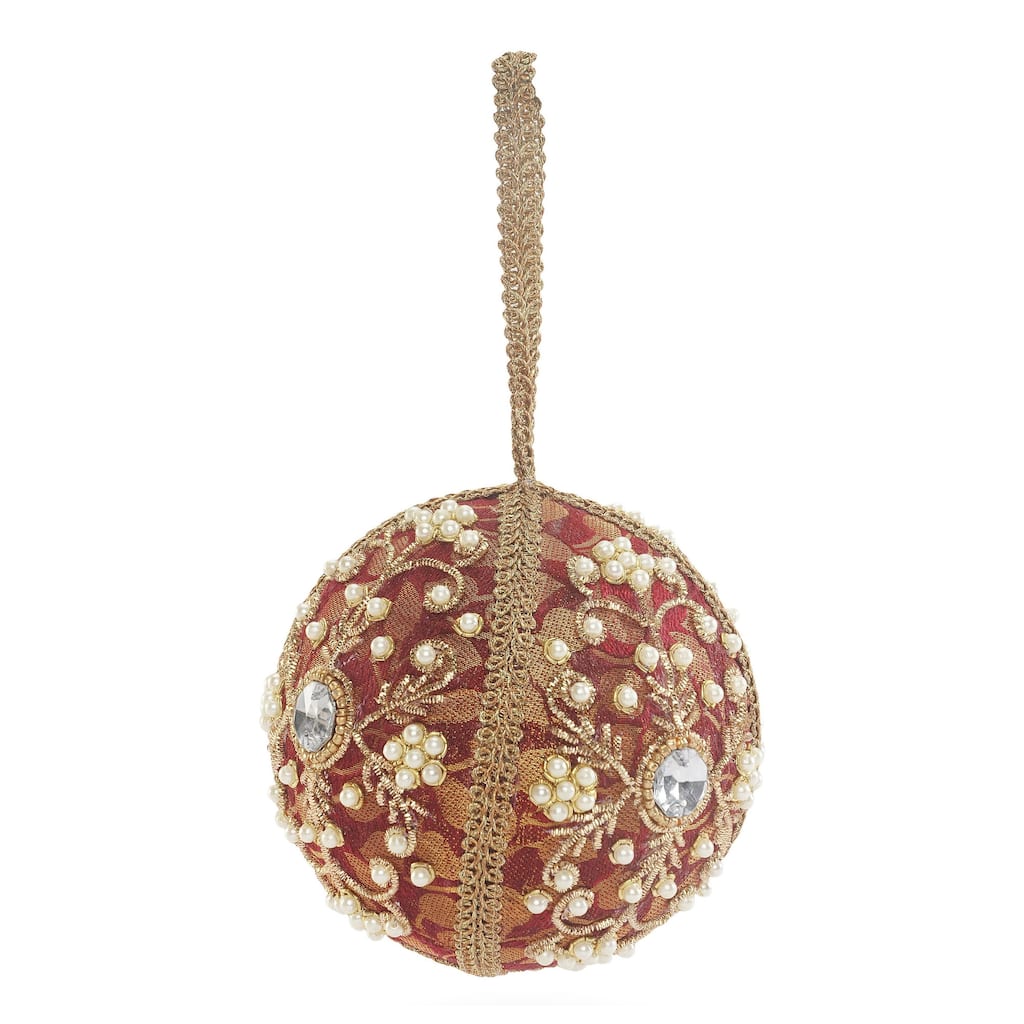 Sevita Red and Gold Rococo Pearl Handcrafted Globe Ornament, Set of 4 - 8" x 4.5" x 4.5"