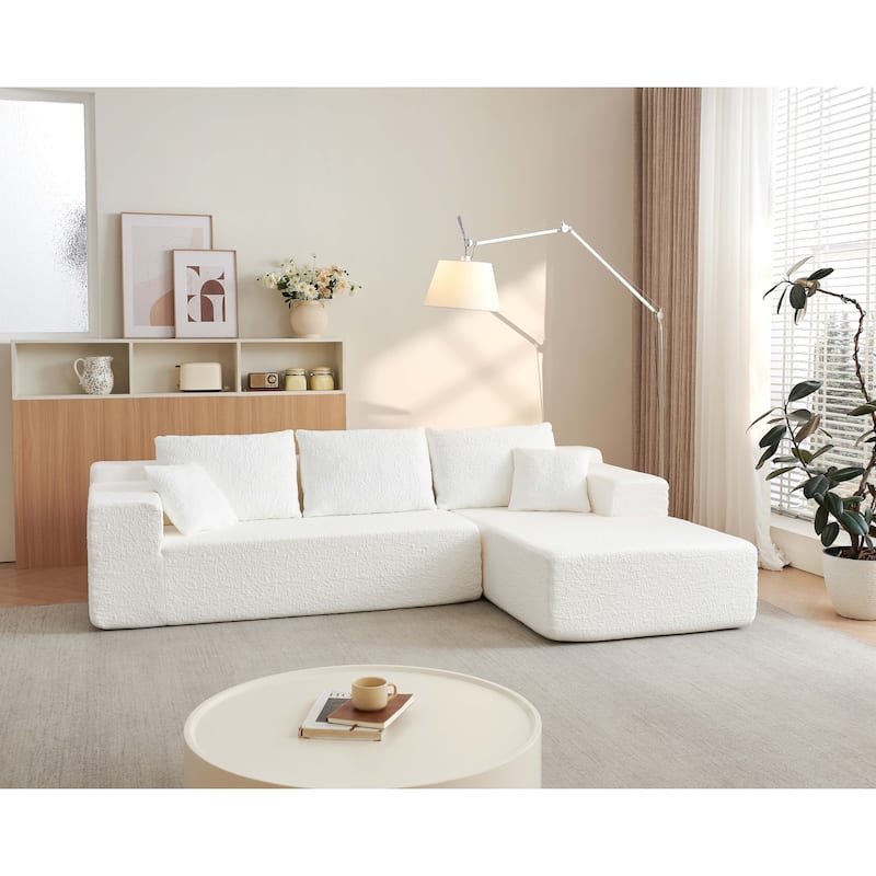 Modular Deep Seat Chaise Lounge Couch Chenille L-shaped Sectional Sofa with Pillows, Connecting Clasps and Non-slip Design - White